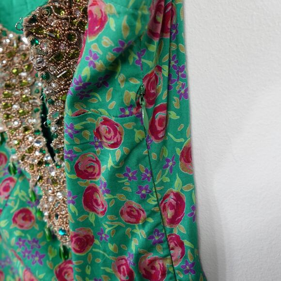 Vintage Plenty by Tracy Reese Green Floral Crystal Beaded Cotton Mini Dress 8 - Picture 12 of 16